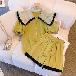 Women's Two Piece Pants Fashion Sweet Matching Sets Peter pan Collar Short Sleeve contrast Colour top high waist lace up Mini Shorts Oversized Summer Set 230519