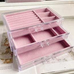 Boxes New Veet Threelayer Jewellery Storage Box Acrylic Organisers Earring Rings Necklace Large Space Jewellery Case Holder Women