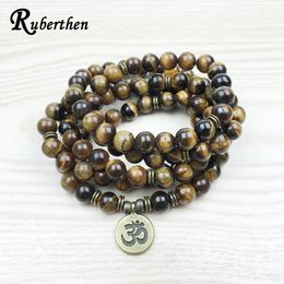 Bracelets Ruberthen Fashion Tiger Eye 108 Mala Bracelet Om Buddhist Bracelet or Necklace High Quality Yogi 4 Wrap Natural Stone Bracelet