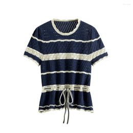 Women's T Shirts 2023 Hand Crocheted Striped Mesh Open Knit Lace Up Short Cotton Top