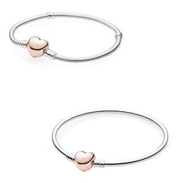 Bangle Authentic 925 Sterling Silver Moments Rose Gold Love Heart Clasp Snake Chain Bracelet Bangle Fit Bead Charm Diy Fashion Jewellery