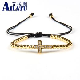 Bracelets Ailatu Brand Men's Charm Bracelets Micro Pave CZ Balls 4mm Stainless Steel Beads Popular Cross Braiding Bracelets Jewellery