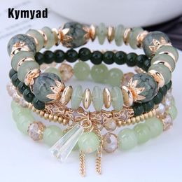 Bracelets Kymyad Korea Trendy Fashion Green Crystal Stone Bracelets For Women Gold Colour Tassel Chains Charm Bracelet Femme Beads Pulseras