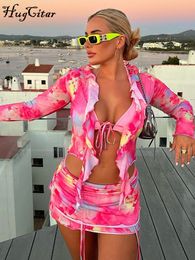 Two Piece Dress Hugcitar Tie Dye Print Women 2 Set Lace Up Ruffle Long Sleeve Crop Top Ruched Mini Skirt Suit Matching Outfit Y2K Vacation 230519