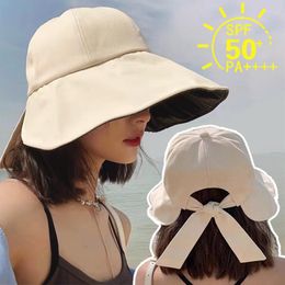 Wide Brim Hats Summer Anti-UV Vinyl Fisherman's Women Solid Color Foldable Sun Hat Outdoor Beach Large Eave Bow Face Covering