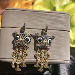 Knot S925 Silver Needle Chinese Style Pixiu Earrings Lucky Money Lion Animal Earrings Coloured Zircon Tassel Long Earrings