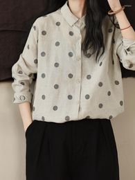 Women's Blouses 113-122cm Bust / Spring Women All-match Basic Loose Polka Dots Comfortable Natural Fabric Water Washed Linen Shirts/Blouses