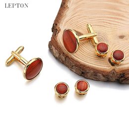 High Quality Round Wood Cufflinks tuxedo studs Sets Gold Color Plated Lepton Mens cuff links Formal Business wedding Jewelry