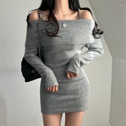 Casual Dresses Korea Strapless Suspenders Women's Dress Fashion Autumn Sexy Slim Fit Hip Wrap Knit Elegant Solid Color Party Female