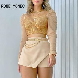 Two Piece Dress Women Chic Long Sleeves Short Tops Sequins Patchwork Mesh Chain Decoration Bodycon Mini Sexy Skirt short Sets 230519