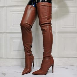 Olomm New Fashion Handmade Women Thigh High Boots Sexy Stiletto Heels Pointed Toe Brown Party Shoes Women Plus US Size 6-15