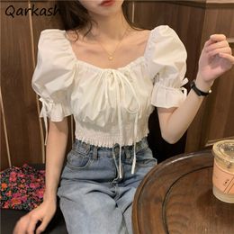 Womens Blouses Shirts Women Summer Solid Retro Bandage Design Slim Sexy Crop Top Fashion Korean Style Ladies Elegant College Ins 230519