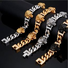 Bangle Men Stainless Steel Gold CZ Crystal Lion Charm Bracelets Gothic Zircon Black Silver Color Biker Lion Curb Cuban Bracelet Jewelry