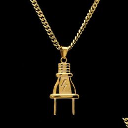 Pendant Necklaces 14K Gold Plated Mens Hip Hop Lighting Plug Necklace With 70Cm Long Cuban Link Chain Jewellery Drop Delivery Pendants Dhmgl