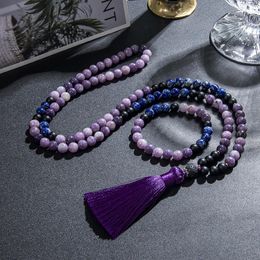 Necklaces 8mm Natural Lapis Lazuli Purple Mica Lepidolite Necklace 108 Mala Beads Necklace Meditation Prayer Rosary Japamala Jewelry Set