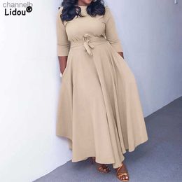 Casual Dresses Autumn Winter Plus Size Women Clothes Solid Color Fashion Round Neck Bandage Three Quarter Sleeve Higt Waist Elegant Maxi Dress L230520