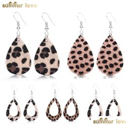 Stud Fashion Leopard Print Leather Pirecing Earrings For Women Girl Hollow Waterdrop Faux Fur Leathers Hook Dangle Earring Jewelry G Dhchu