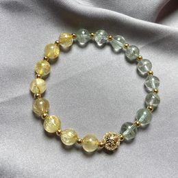 Bangle Natural Gold Rutilated Quartz/Ghost Phantom Quartz Crystal Bracelet Woman Wealthy Titanium Round Beads Jewellery
