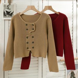 Women's Jackets Hikigawa Chic Fashion Women Vintage Irregular Double Breasted Sweater Coat Streetwear Short Length Knitted Cargidan Ropa