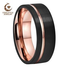 Rings Mens Womens 8MM 6MM Tungsten Couple Ring Black Rose Gold Wedding Band With Offset Groove And Comfort Fit