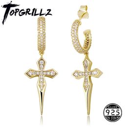 Huggie Topgrillz 925 Sterling Silver Cross Earrings Högkvalitativ Iced Out Cubic Zirconia Hip Hop Cross Hoop örhängen för kvinnors gåva