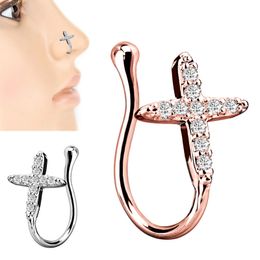 Nose Clips Rings Studs Hoops for Women Non-Piercing Body Jewlery Cross Rose Silver U Shape Stainless Steel Gold Colour with Diamond Wholesale 2023 New