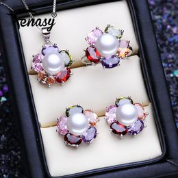 Necklace FENASY 925 Sterling Silver Pearl Jewelry Sets Natural Pearl Stud Earrings For Women Colorful Flower Pendant Necklace Party Ring