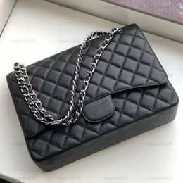 Designer Double Flap Maxi travel handbag - 10A Mirror Quality, Real Leather, Caviar Lambskin, Black Quilted, Crossbody Shoulder Chain Box, 33cm Women's Purse