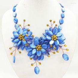 Choker Charming Female Flower Necklace. Natural Shells. Exclusive Royal Blue Jewellery