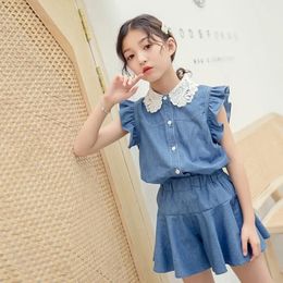 Clothing Sets Girls Denim Suit 2023 Summer Baby Short Sleeve Blouse Shorts 2 Pc Set Children Widleg Pants Kids Outfits 230519