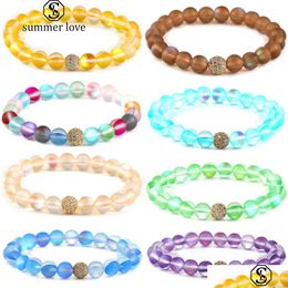 Beaded 12 Colours Moonstone Flash Stone Bracelet For Women Men 8Mm Dl Polish Frosted Glass Beads Cz Micro Pave Ball Charm Drop Delive Dhdmz