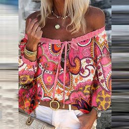 Womens Blouses Shirts Elegant LaceUp Tassel Chic Summer Vintage Floral Print Boho Tops Women Sexy Off Shoulder Flare Sleeve Blusa 230519
