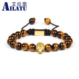 Bangle Ailatu Men Bracelet Stainless Steel Skull Macrame Bracelet Not Fade with 10pcs/lot 8mm Yellow Tiger Eye Stone Beads