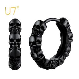 Earrings U7 Skull Hoop Earrings Black Metal Plated Stainless Steel Gothic Skeleton Earrings Halloween Studs Earrings