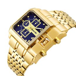 Wristwatches Luxury Quartz Men Watches Auto Date Large Rectangle Dial Unique Fashion Design Gold Wristwatch Military Watch Relogio Masculino