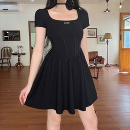 Basic Casual Dresses Solid Fish Bone Female Dress Summer Short Sleeve Causal Black Alink Square Collar Versatile Skirt Womens Clothing 230519