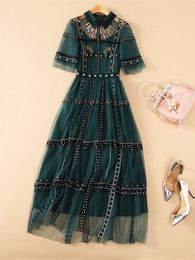 Basic Casual Dresses Summer Runway Green Mesh Embroidery Dress Women's Short Sleeve Vintage Dot Embroidered Tulles Elegant Evening Party Long Vestido 230520