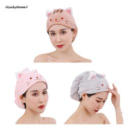 Coral Velvet Hair Towel Turban Wrap Quick Dry Shower Hat with Button Cute Cat Microfiber Super Absorbent Bath