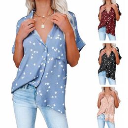 Womens Blouses Shirts Women Star Print Loose Blouse Summer Turn Down Collar Button Long Sleeve Short Batwing Tops LWBEFS6958 230519