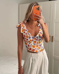 Women's Tanks & Camis Women Fairy Grunge Camisole Flower Print V-neck Sleeveless Back Bow Tie-Up Strap Crop Tops Y2k Fashion 90s E-Girls Str