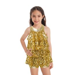 Girl's Dresses Kids Girls Modern Jazz Latin Dance Costumes Halter Shiny Sequins Ballet Dance Shorty Unitard Dress Girls Stage Ballet Dancewear 230520