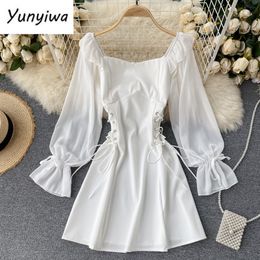 Basic Casual Dresses Spring Autumn Dress Retro Gothic Women Black White Slim Waist Bandage Dress Ruffled Puff Sleeve Korean Vestidos 230520