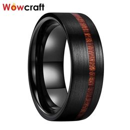 Rings 8mm Black Koa Wood Inlay Wedding Bands Tungsten Carbide Engagement Rings Pip Cut Brushed Finish Offset Wood Comfort Fit