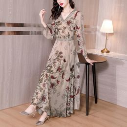 Casual Dresses Boho Floral Silk Long Sleeve V-Neck Maxi Dress Women Korean Fashion Luxury Chic Autumn Elegant Bodycon Party 2023