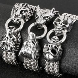 Bracelets Gothic Wolf Skull Lion Head Man Bracelet 18MM Solid Stainless Steel Franco Link Curb On Hand Chain Hand Bands For Men Steampunk