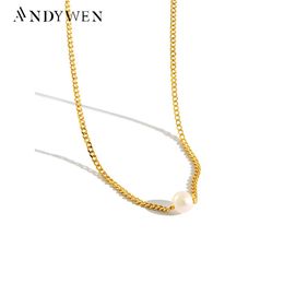 Necklaces ANDYWEN 925 Sterling Silver Gold Chain Pearl Choker Necklace Long Chain Luxury Jewellery Jewels Fashion Rock Punk Necklace