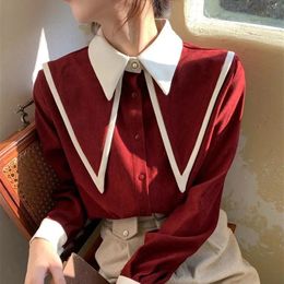 Womens Blouses Shirts Red Button Up Shirt White Sharp Ruffle Turn Down Collar Blouse Women Tops Korean Fashion Clothing Office Lady Work Blusas 230519