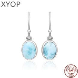 Earrings New Fashion Retro Geometry Streamlined Long 925 Sterling Silver Jewelry Girl Natural Precious Larimar Earrings Women