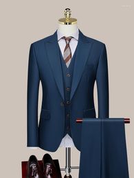 Men's Suits Mens Set Blazer Vest Pant Formal Clothing Deep Blue Casual Korea Style Wedding Groom Wear Slim Business Man Suit Plus Size