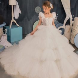 Pretty Feather Ruffles Ball Gown Flower Girls Dresses Bead First Communion Dress Tiere Tulle Child Christening Wear 415